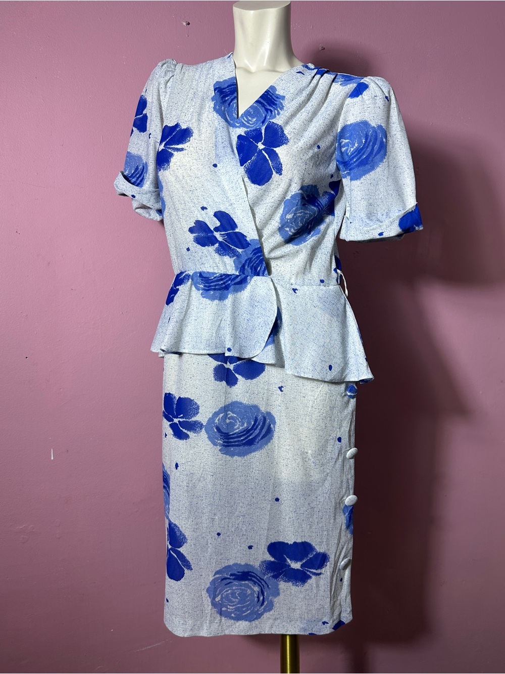 Vintage Kings Row90s style working girl dress blue and white floral waist skirt